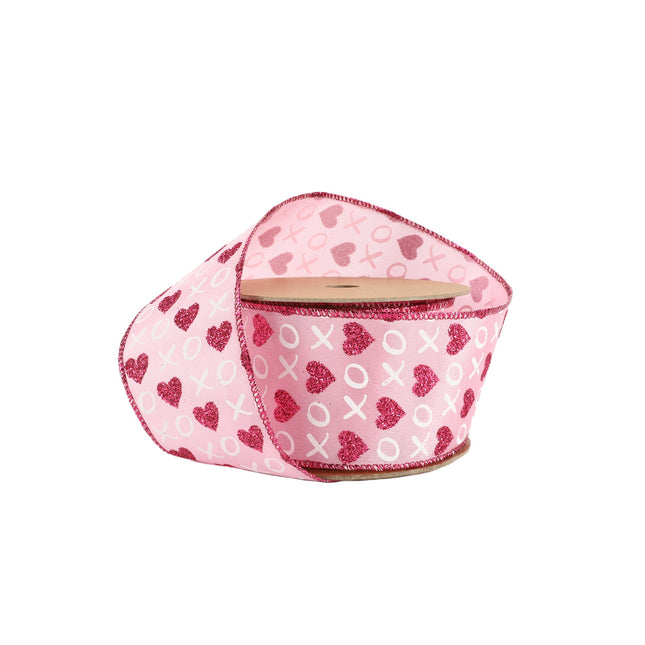 Wired Ribbon | Pink w/ Red Glitter Heart & White XO | 10 Yard Roll LaRibbons and Crafts
