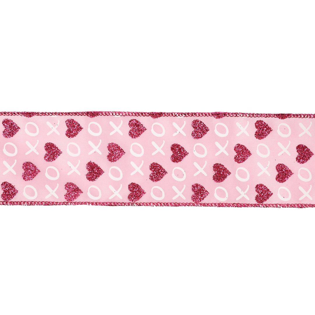 Wired Ribbon | Pink w/ Red Glitter Heart & White XO | 10 Yard Roll