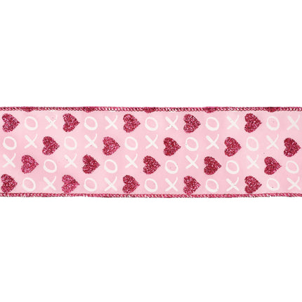 Wide pink wired ribbon: dense red glitter hearts & white XO, red trimmed edges.