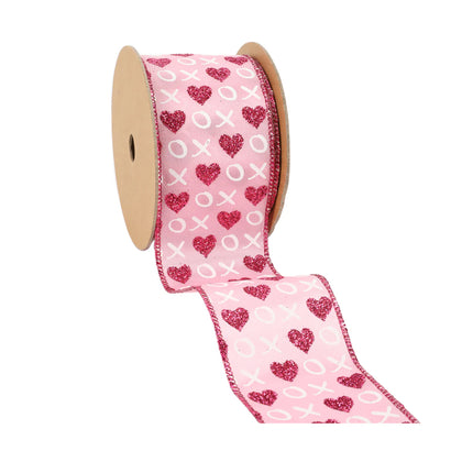 Pink wired ribbon spool (unrolled): red glitter hearts, white XO designs.