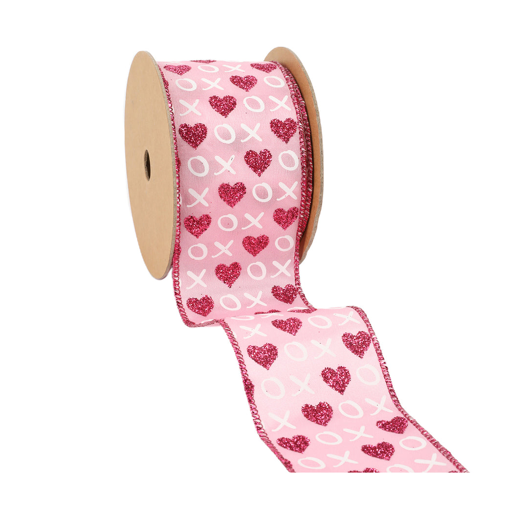 Wired Ribbon | Pink w/ Red Glitter Heart & White XO | 10 Yard Roll