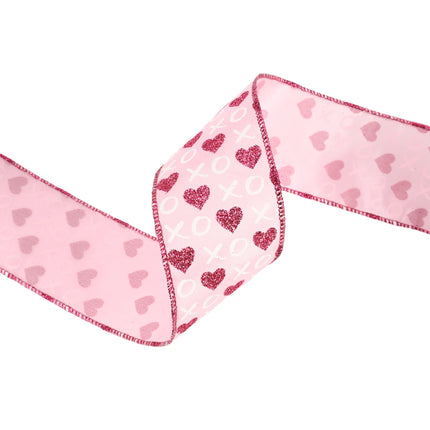 Pink wired ribbon: front (glitter hearts/XO); back (pale hearts), red trimmed edges.