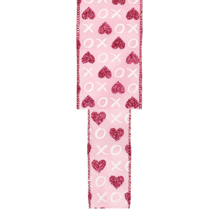 Wired Ribbon | Pink w/ Red Glitter Heart & White XO | 10 Yard Roll LaRibbons and Crafts