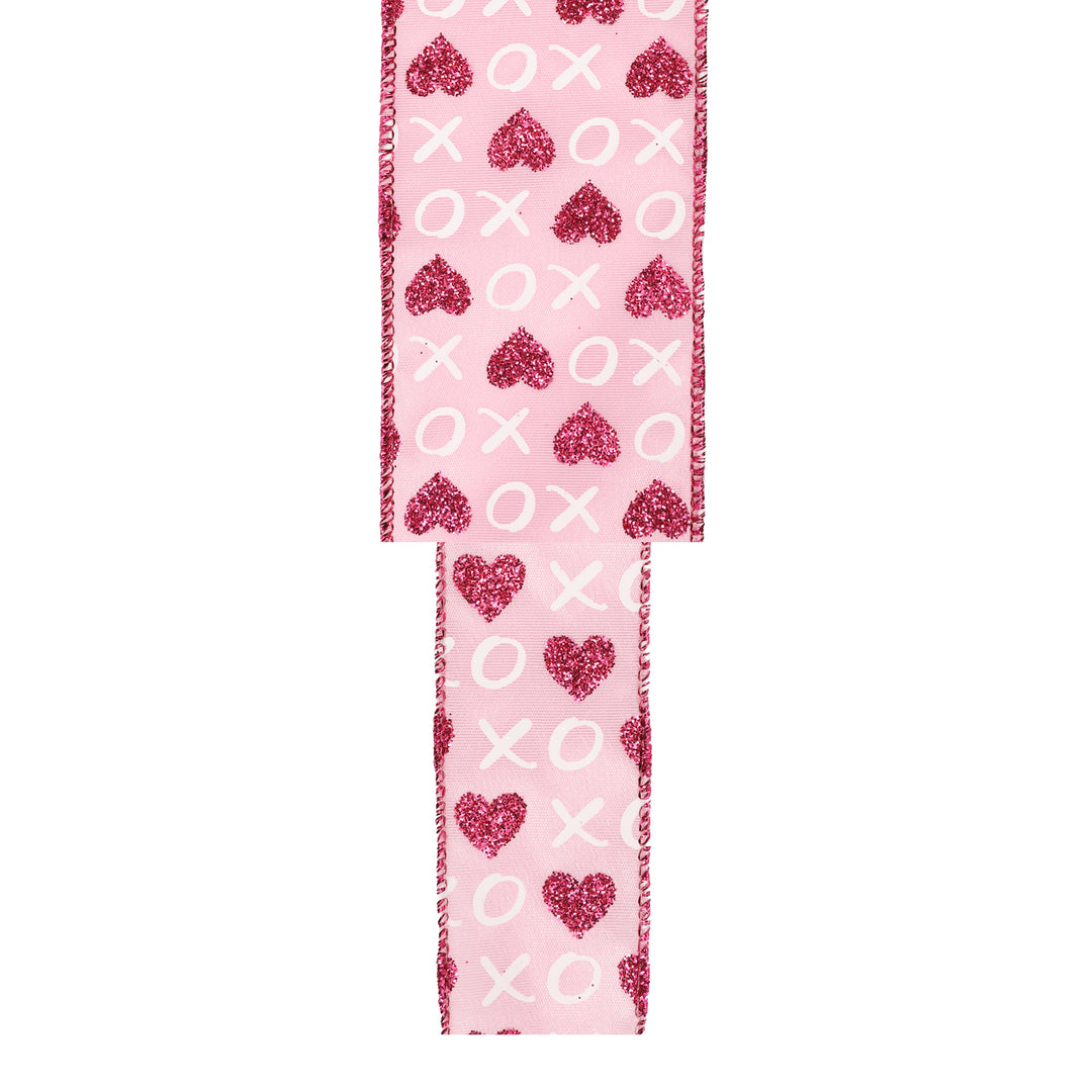 Wired Ribbon | Pink w/ Red Glitter Heart & White XO | 10 Yard Roll