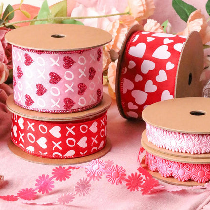 Wired Ribbon | Pink w/ Red Glitter Heart & White XO | 10 Yard Roll LaRibbons and Crafts