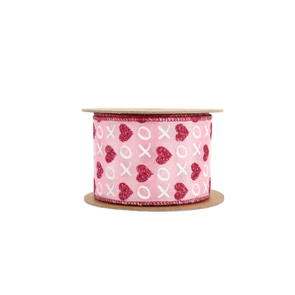 Wired Ribbon | Pink w/ Red Glitter Heart & White XO | 10 Yard Roll LaRibbons and Crafts
