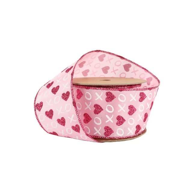 Wired Ribbon | Pink w/ Red Glitter Heart & White XO | 10 Yard Roll