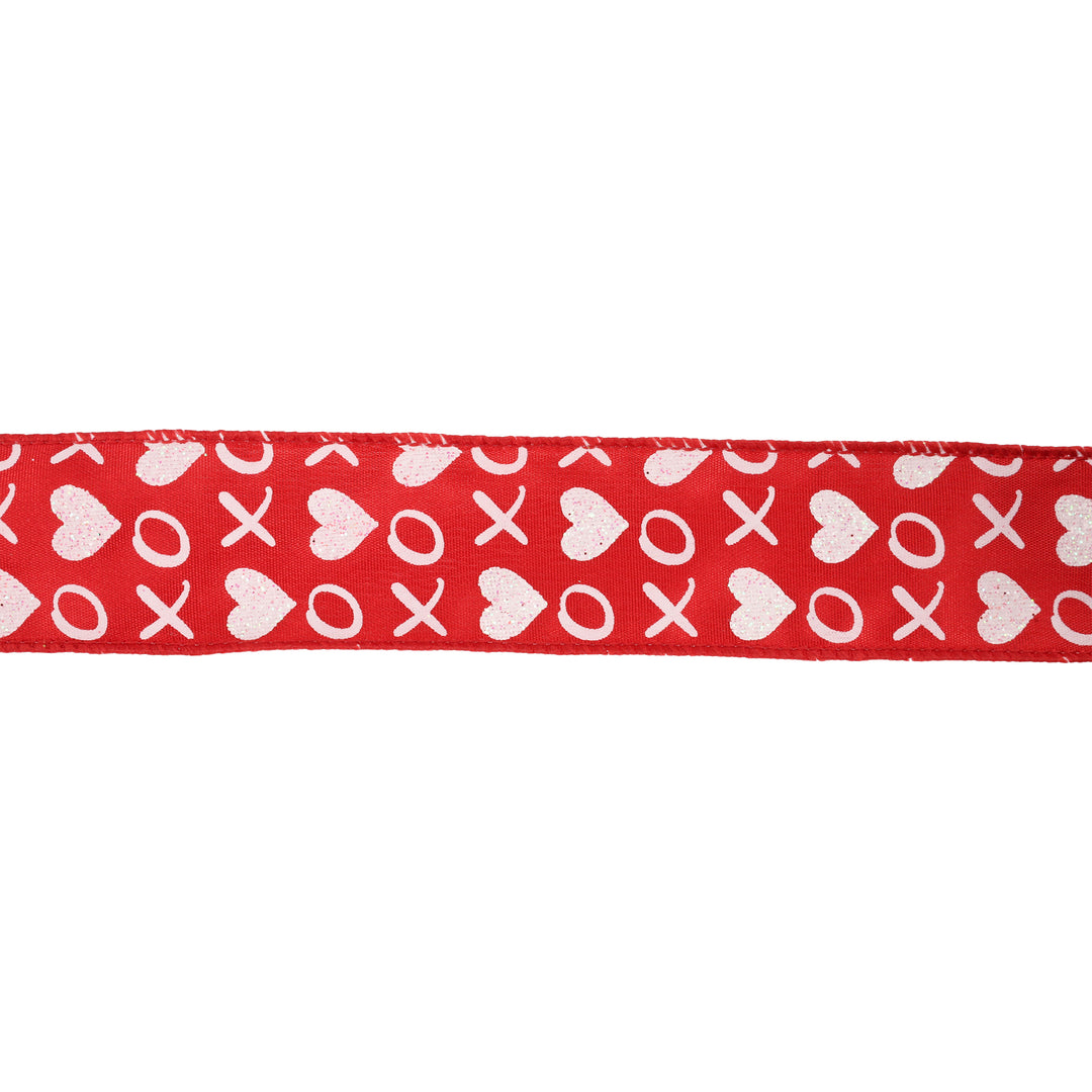 Wired Ribbon | Red w/ White Glitter Heart & XO | 10 Yard Roll