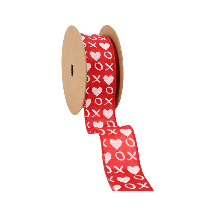 Wired Ribbon | Red w/ White Glitter Heart & XO | 10 Yard Roll