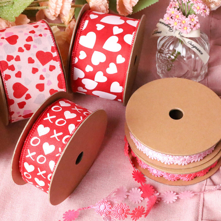 Wired Ribbon | Red w/ White Glitter Heart & XO | 10 Yard Roll