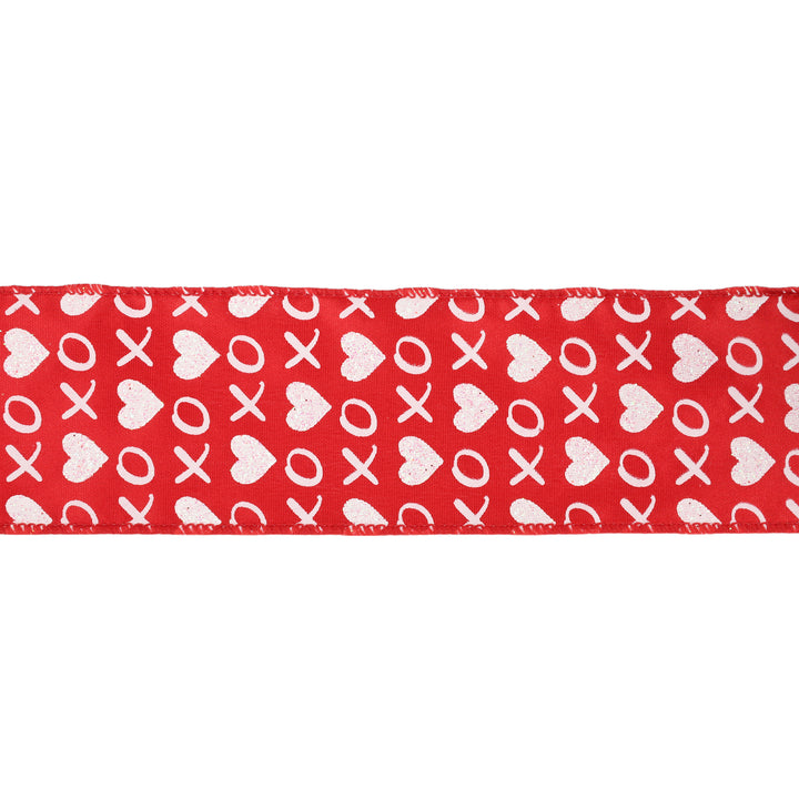 Wired Ribbon | Red w/ White Glitter Heart & XO | 10 Yard Roll