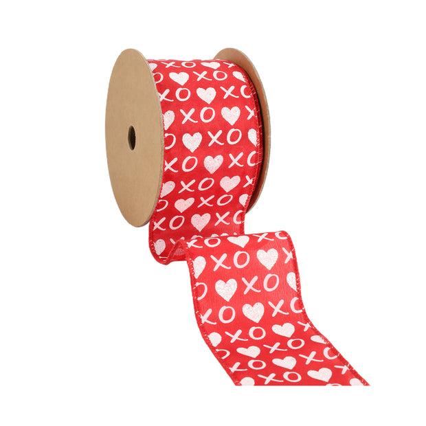 Wired Ribbon | Red w/ White Glitter Heart & XO | 10 Yard Roll