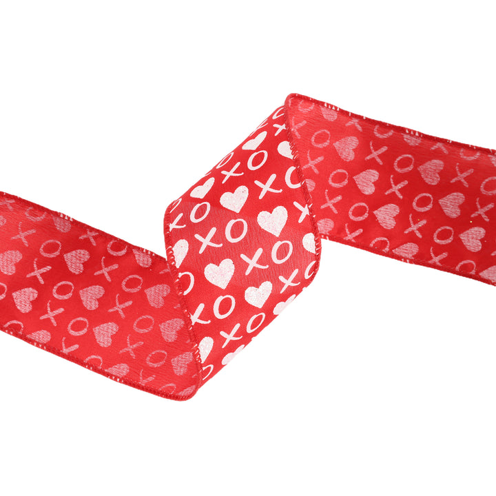 Wired Ribbon | Red w/ White Glitter Heart & XO | 10 Yard Roll