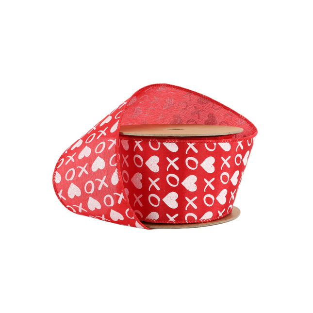 Wired Ribbon | Red w/ White Glitter Heart & XO | 10 Yard Roll