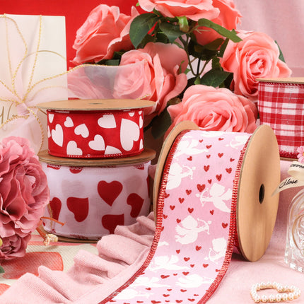 Wired Ribbon | Red w/ Multi Size White Hearts | 10 Yard Roll LaRibbons and Crafts