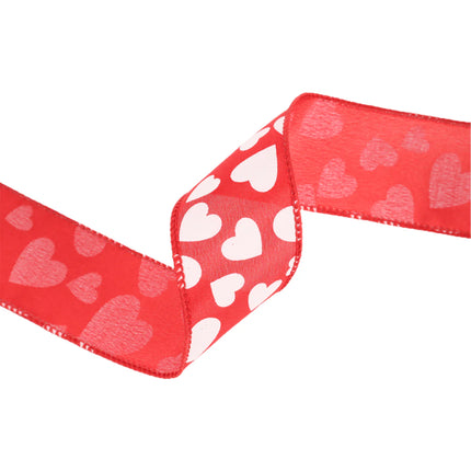 Valentine’s Day satin ribbon: red base with white & light red heart prints, stitched edges