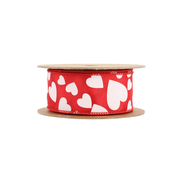 Wired Ribbon | Red w/ Multi Size White Hearts | 10 Yard Roll