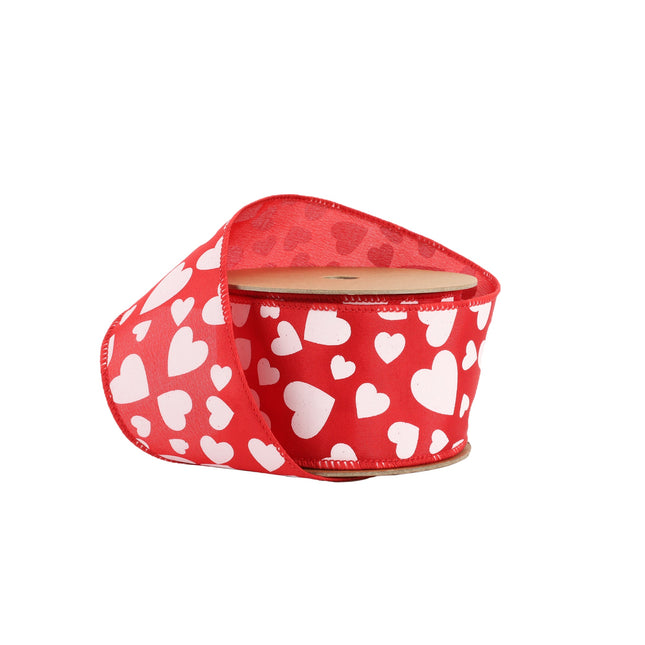 Wired Ribbon | Red w/ Multi Size White Hearts | 10 Yard Roll LaRibbons and Crafts