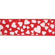 Wired Ribbon | Red w/ Multi Size White Hearts | 10 Yard Roll