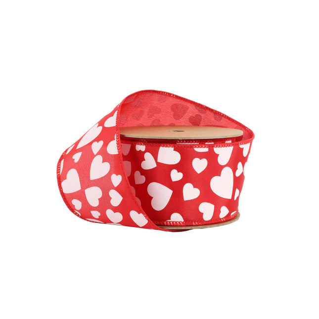 Wired Ribbon | Red w/ Multi Size White Hearts | 10 Yard Roll
