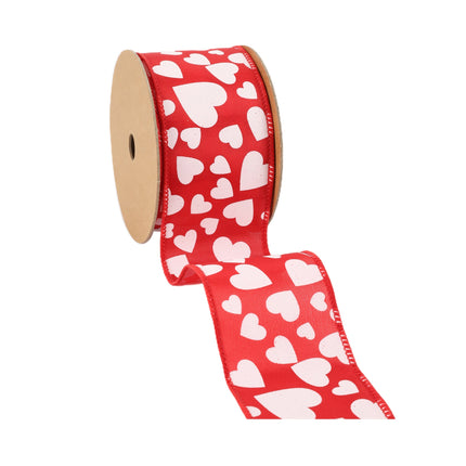 Wired Ribbon | Red w/ Multi Size White Hearts | 10 Yard Roll LaRibbons and Crafts