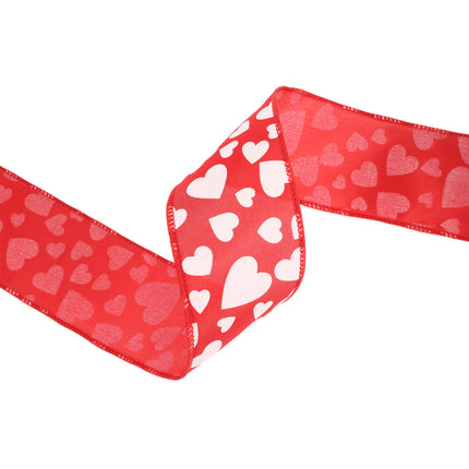 Valentine’s Day satin ribbon: red base with white & light red heart prints, stitched edges