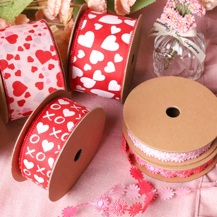 Wired Ribbon | Red w/ Multi Size White Hearts | 10 Yard Roll LaRibbons and Crafts
