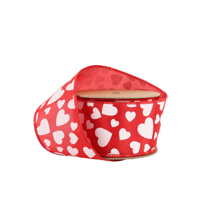 Red wired ribbon w/ multi-size white hearts; rolled on spool, partial unroll.