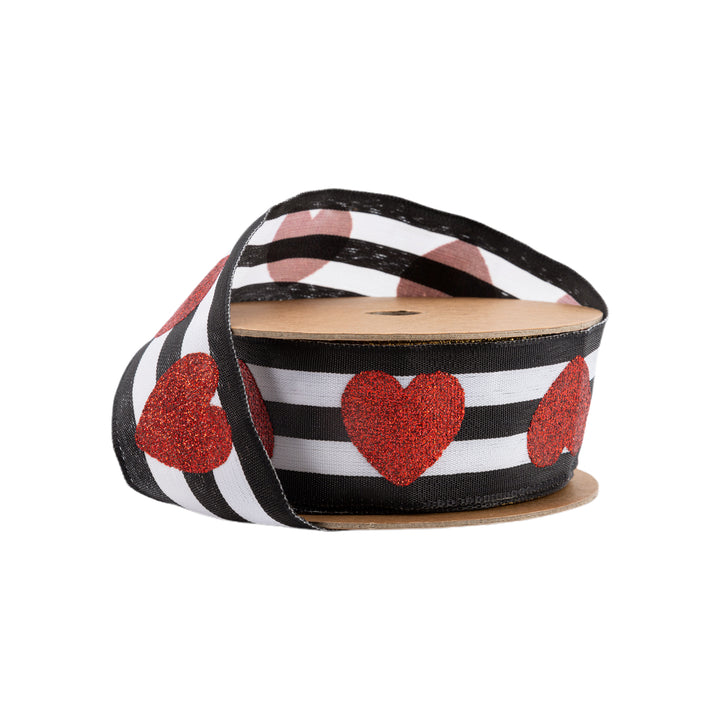 1 1/2" Wired Ribbon | Glitter Heart on Black/White Stripe | 10 Yard Roll