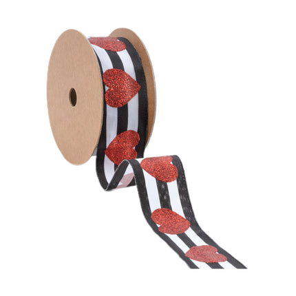 1 1/2" Wired Ribbon | Glitter Heart on Black/White Stripe | 10 Yard Roll LaRibbons and Crafts