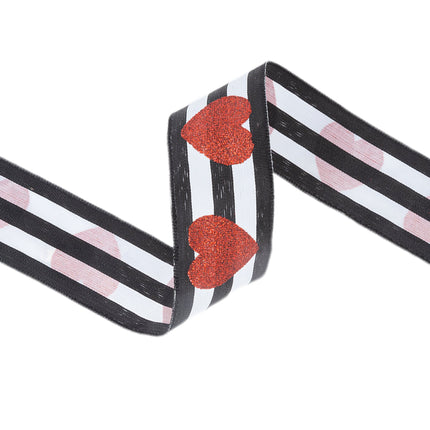1 1/2" Wired Ribbon | Glitter Heart on Black/White Stripe | 10 Yard Roll LaRibbons and Crafts
