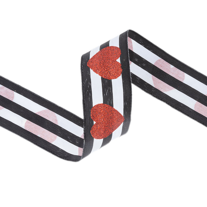 1 1/2" Wired Ribbon | Glitter Heart on Black/White Stripe | 10 Yard Roll