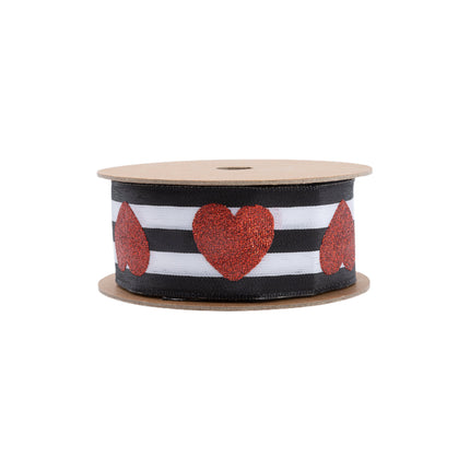 1 1/2" Wired Ribbon | Glitter Heart on Black/White Stripe | 10 Yard Roll LaRibbons and Crafts
