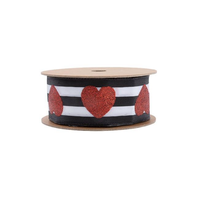 1 1/2" Wired Ribbon | Glitter Heart on Black/White Stripe | 10 Yard Roll LaRibbons and Crafts