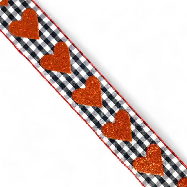 1 1/2" Wired Ribbon | Glitter Heart on Black/White Gingham | 10 Yard Roll LaRibbons and Crafts