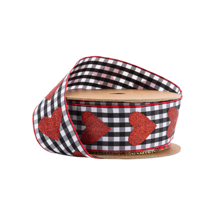 Wired Gingham Ribbon spool—black/white check, red glitter hearts. For gift wrapping.