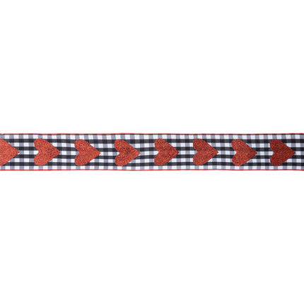 Wired Gingham Ribbon—black/white check, red glitter hearts. Ideal for decor crafts.