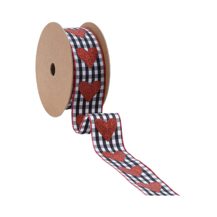Unrolled Wired Gingham Ribbon—black/white check, red glitter hearts. For wreaths.