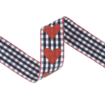 Curled Wired Gingham Ribbon—black/white check, red glitter hearts. Easy to shape.