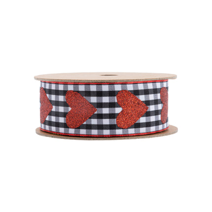 Full spool Wired Gingham Ribbon—black/white check, red glitter hearts. Festive decor.