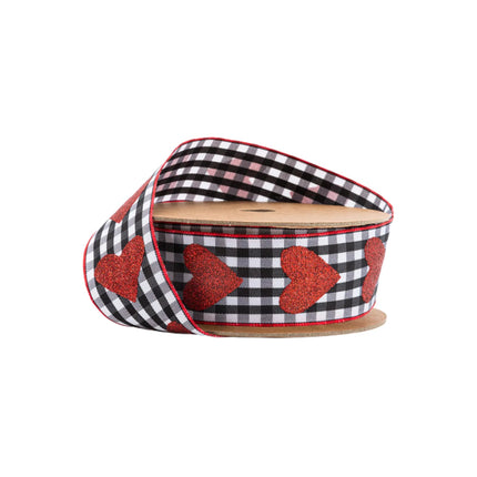 1 1/2" Wired Ribbon | Glitter Heart on Black/White Gingham | 10 Yard Roll LaRibbons and Crafts