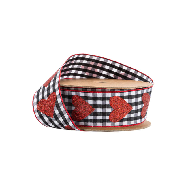 1 1/2" Wired Ribbon | Glitter Heart on Black/White Gingham | 10 Yard Roll LaRibbons and Crafts