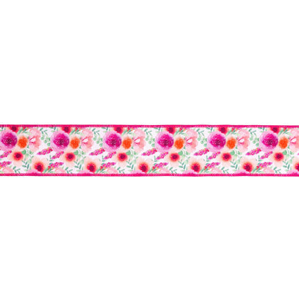 2 1/2" wired floral ribbon with pink backing, ideal for spring crafts and bows