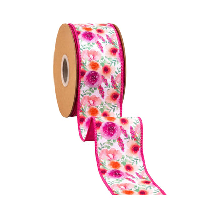 Bright floral bouquet wired ribbon, 2 1/2" dupioni with pink reverse side