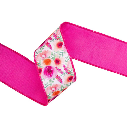 Pink-backed 2 1/2" wired dupioni ribbon with watercolor floral print