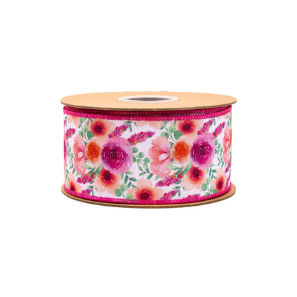 Floral pattern 2.5" wired dupioni ribbon with vibrant pink backing for gift wrapping
