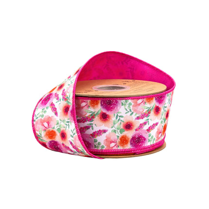 2 1/2" Wired Dupioni Ribbon with Bright Floral Bouquet Print and Pink Backing
