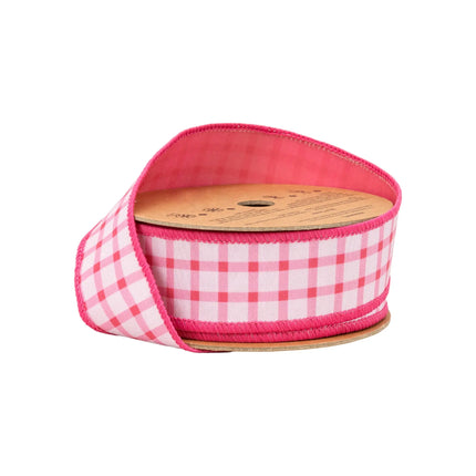 1 1/2" Wired Dupioni Ribbon, Coral Gridlines on White with Coral Backing, ideal for gift wrapping 
