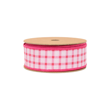 Coral grid pattern 1 1/2" wired dupioni ribbon with coral backing, ideal for feminine crafts 