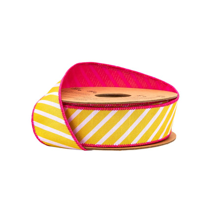 1 1/2" Wired Dupioni Ribbon | Yellow/White Diagonal Stripe w/ Pink Backing | 10 Yard Roll LaRibbons and Crafts